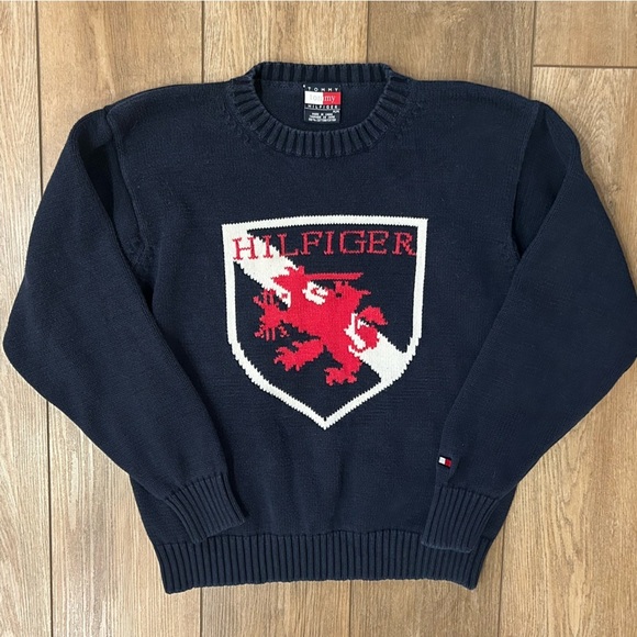 Vintage Tommy Hilfiger Blue and Red Crewneck Sweater 100% Cotton, Thick material - Picture 1 of 8